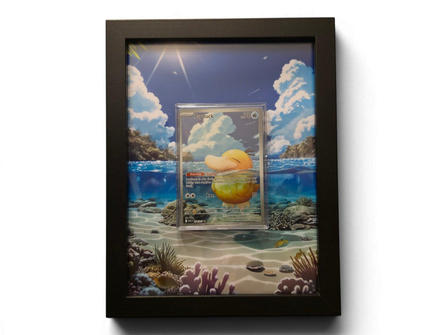 Psyduck 226 extended art frame by Gem Mint Gallery — the Ascended Heroes chase card displayed in a composite wood frame blended into continuous extended artwork.