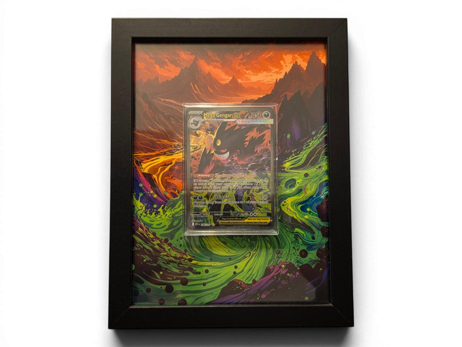 Mega Gengar 284 extended art frame by Gem Mint Gallery — the Ascended Heroes card displayed in a composite wood frame blended into continuous extended artwork.