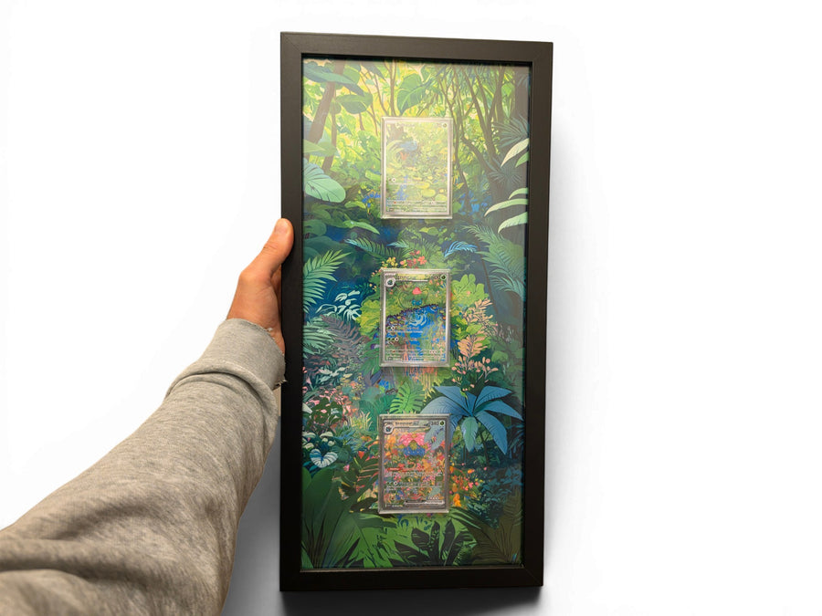 Pokemon 151 Venusaur Evolution extended art frame by Gem Mint Gallery — Bulbasaur, Ivysaur and Venusaur displayed in one tall composite wood frame against continuous extended artwork.