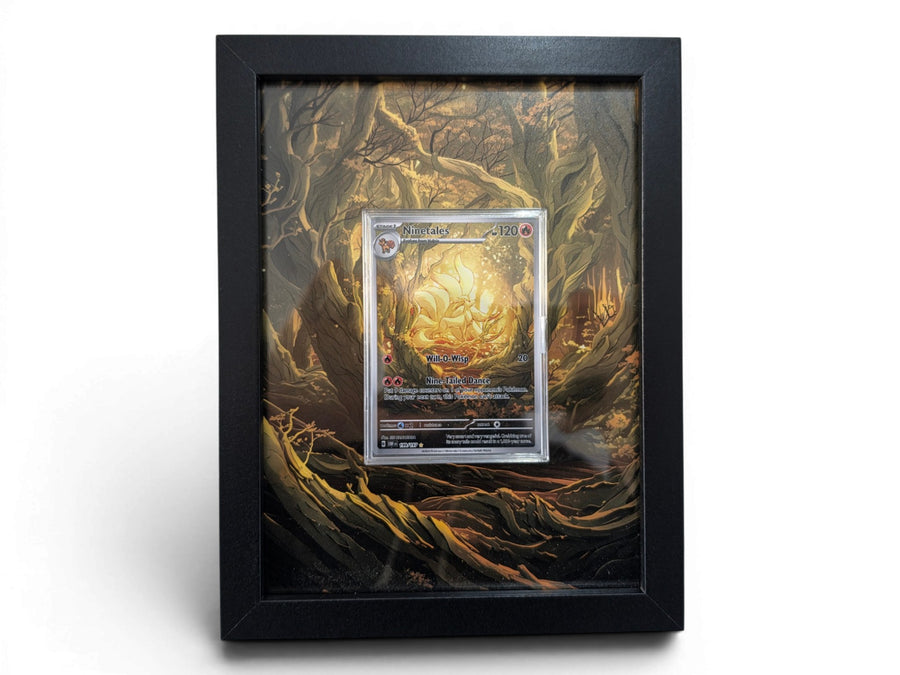 Ninetales 199 extended art frame by Gem Mint Gallery — the Obsidian Flames card displayed in a composite wood frame flowing into surrounding extended artwork.