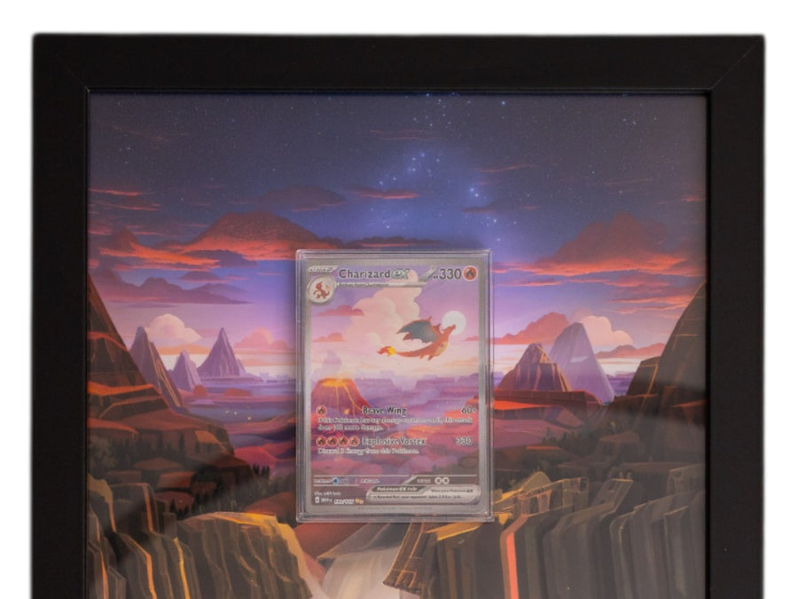 Pokemon 151 Charizard Evolution extended art frame by Gem Mint Gallery — Charmander, Charmeleon and Charizard displayed in one tall composite wood frame against continuous extended artwork.