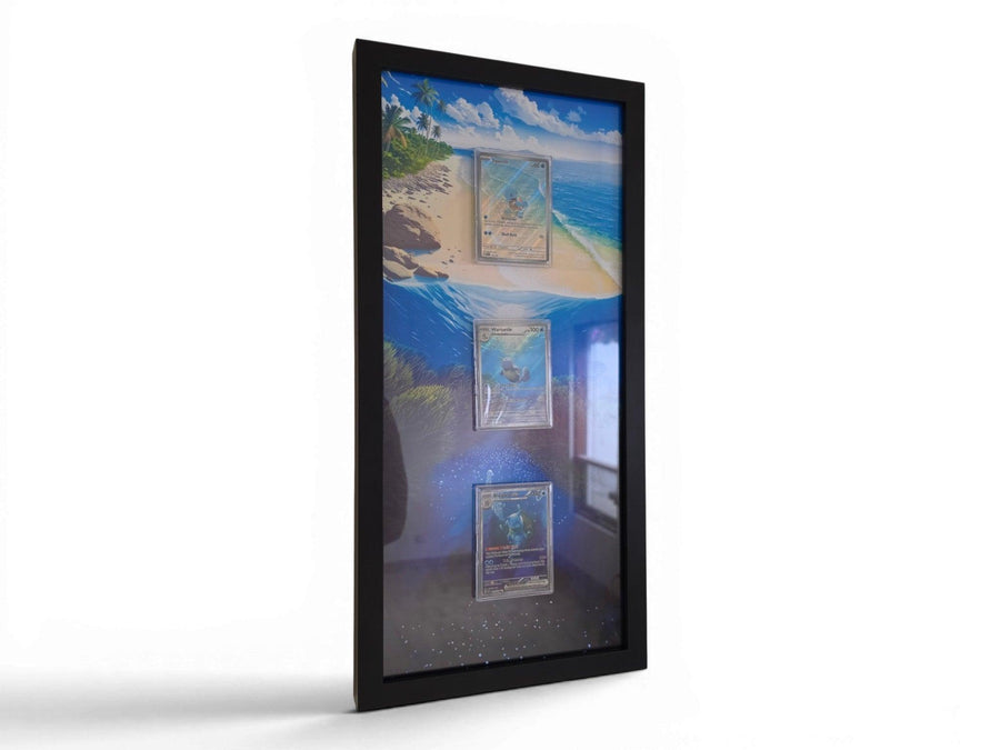 Pokemon 151 Blastoise Evolution extended art frame by Gem Mint Gallery — Squirtle, Wartortle and Blastoise displayed in one tall composite wood frame against continuous extended artwork.