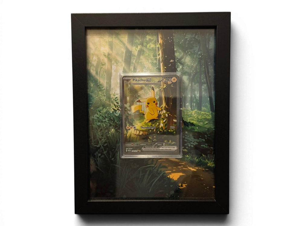 Pikachu ex 276 extended art frame by Gem Mint Gallery — the Ascended Heroes card displayed in a composite wood frame flowing into surrounding extended artwork.
