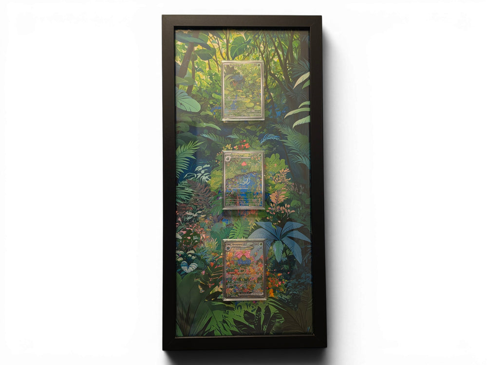 Pokemon 151 Venusaur Evolution extended art frame by Gem Mint Gallery — Bulbasaur, Ivysaur and Venusaur displayed in one tall composite wood frame against continuous extended artwork.