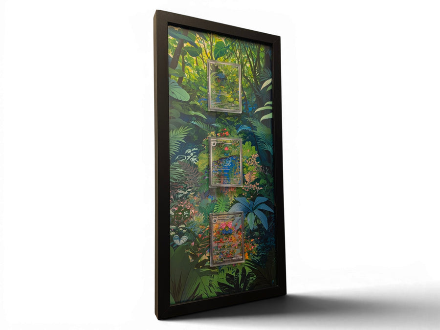 Pokemon 151 Venusaur Evolution extended art frame by Gem Mint Gallery — Bulbasaur, Ivysaur and Venusaur displayed in one tall composite wood frame against continuous extended artwork.