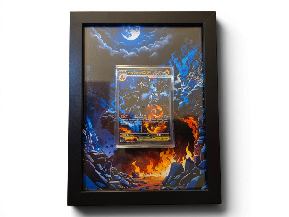 Mega Charizard X extended art frame by Gem Mint Gallery — the Phantasmal Flames card displayed in a composite wood frame against fiery extended artwork.