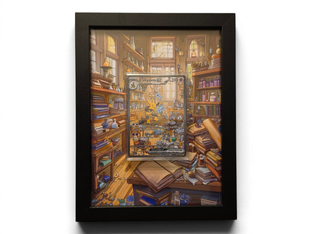 Alakazam ex extended art frame by Gem Mint Gallery — the Pokemon 151 card displayed in a composite wood frame blended into continuous extended artwork.