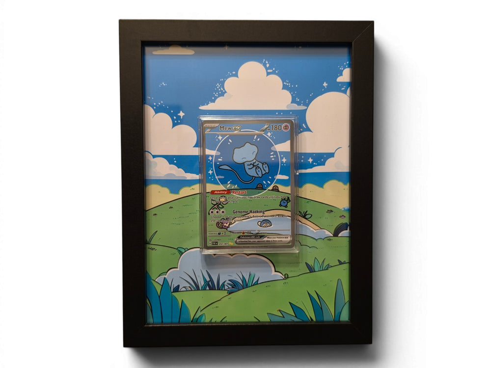 Mew 232 extended art frame by Gem Mint Gallery — the Paldean Fates card displayed in a composite wood frame flowing into surrounding extended artwork.