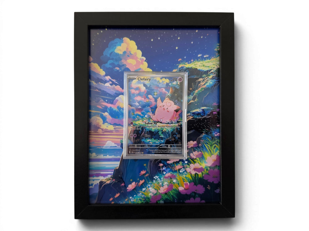 Clefairy 094 extended art frame by Gem Mint Gallery — the Perfect Order card displayed in a composite wood frame blended into continuous extended artwork.