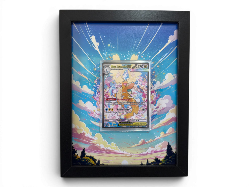Mega Dragonite ex 290 extended art frame by Gem Mint Gallery — the Ascended Heroes card displayed in a composite wood frame flowing into surrounding extended artwork.
