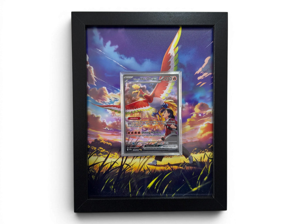 Ethan's Ho-Oh ex 230 extended art frame by Gem Mint Gallery — the Destined Rivals card displayed in a composite wood frame flowing into surrounding extended artwork.