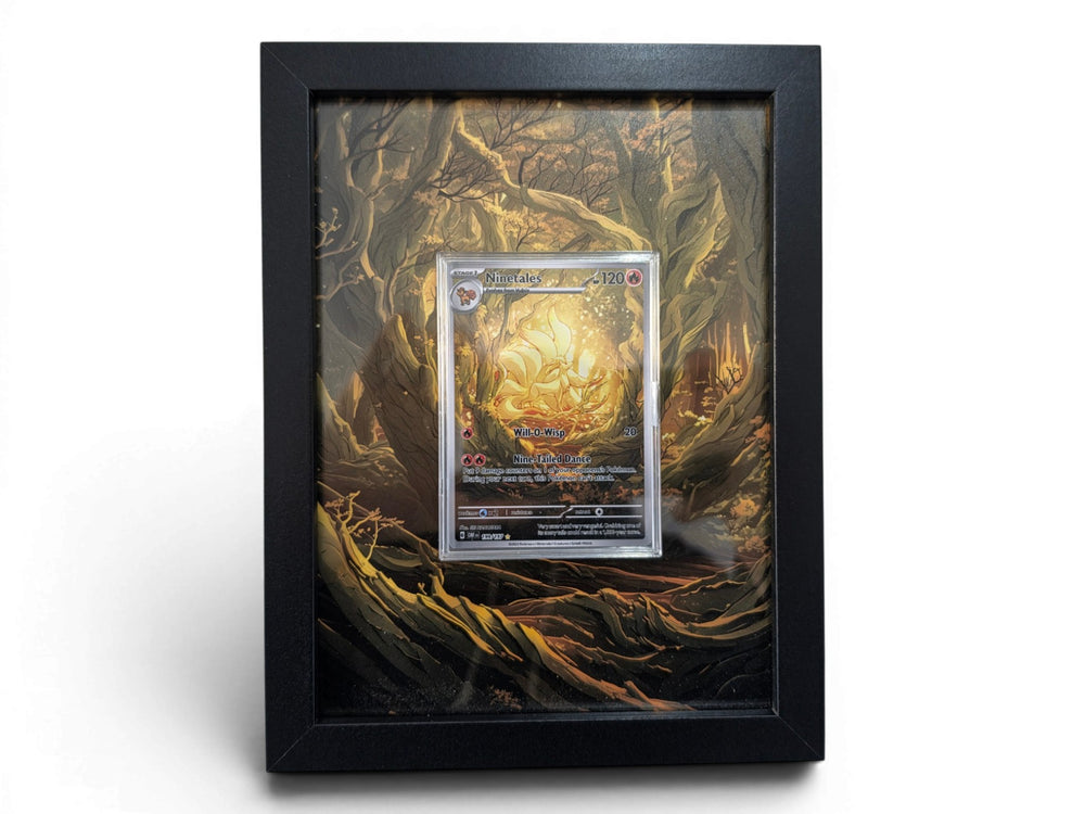 Ninetales 199 extended art frame by Gem Mint Gallery — the Obsidian Flames card displayed in a composite wood frame flowing into surrounding extended artwork.