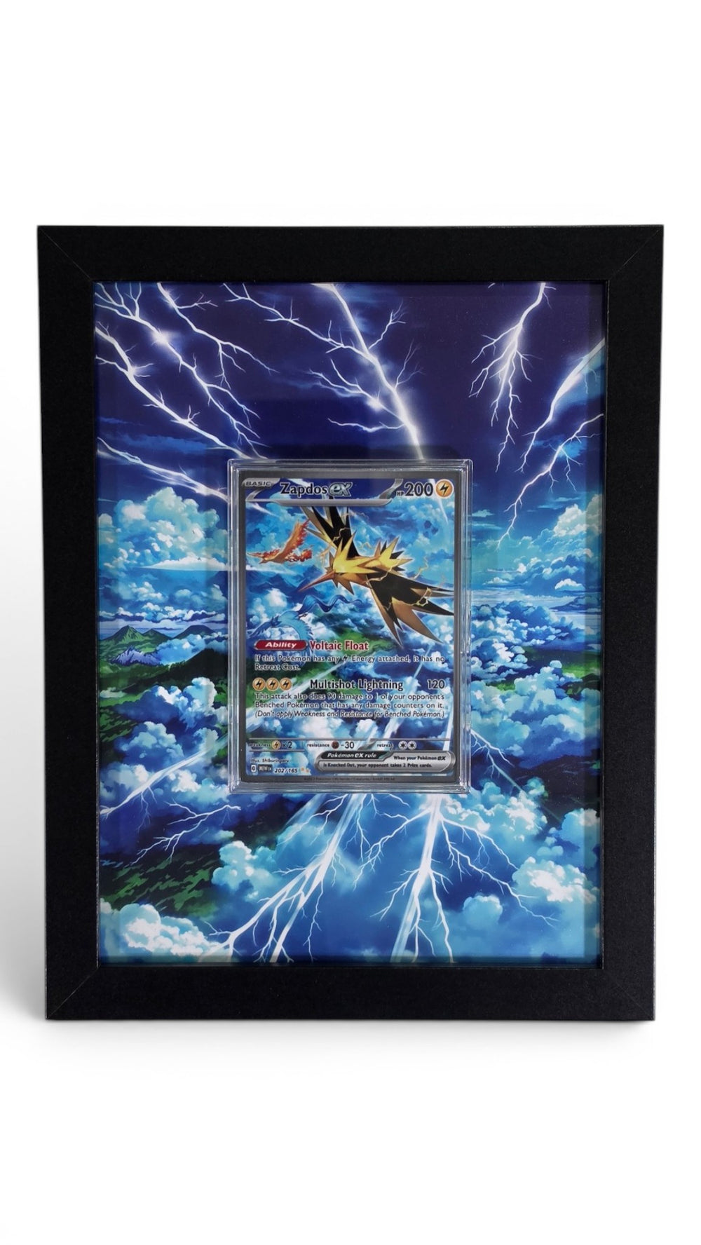 Zapdos 202 extended art frame by Gem Mint Gallery — the Pokemon 151 special illustration rare displayed in a composite wood frame blended into extended artwork.