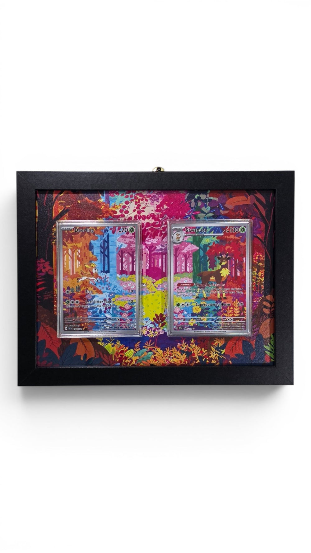 Temporal Forces Deerling Evolution extended art frame by Gem Mint Gallery — Deerling and Sawsbuck displayed in one composite wood frame against continuous extended artwork.