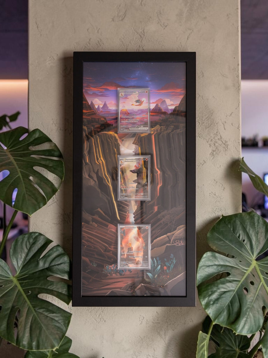 Pokemon 151 Charizard Evolution extended art frame by Gem Mint Gallery — Charmander, Charmeleon and Charizard displayed in one tall composite wood frame against continuous extended artwork.