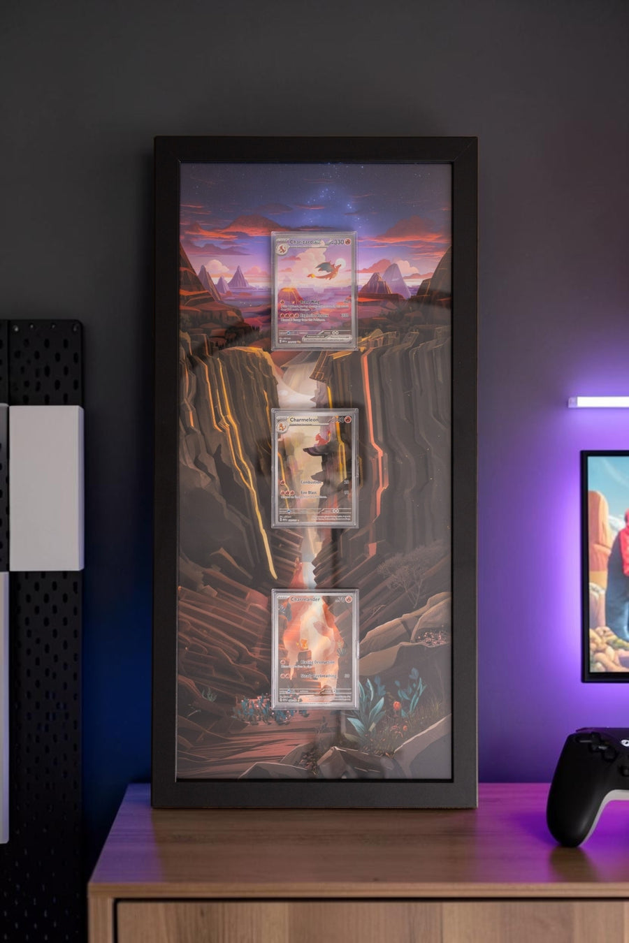 Pokemon 151 Charizard Evolution extended art frame by Gem Mint Gallery — Charmander, Charmeleon and Charizard displayed in one tall composite wood frame against continuous extended artwork.
