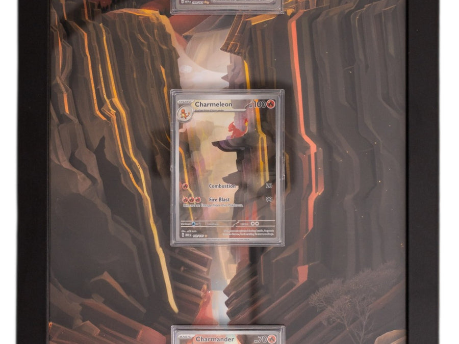 Pokemon 151 Charizard Evolution extended art frame by Gem Mint Gallery — Charmander, Charmeleon and Charizard displayed in one tall composite wood frame against continuous extended artwork.