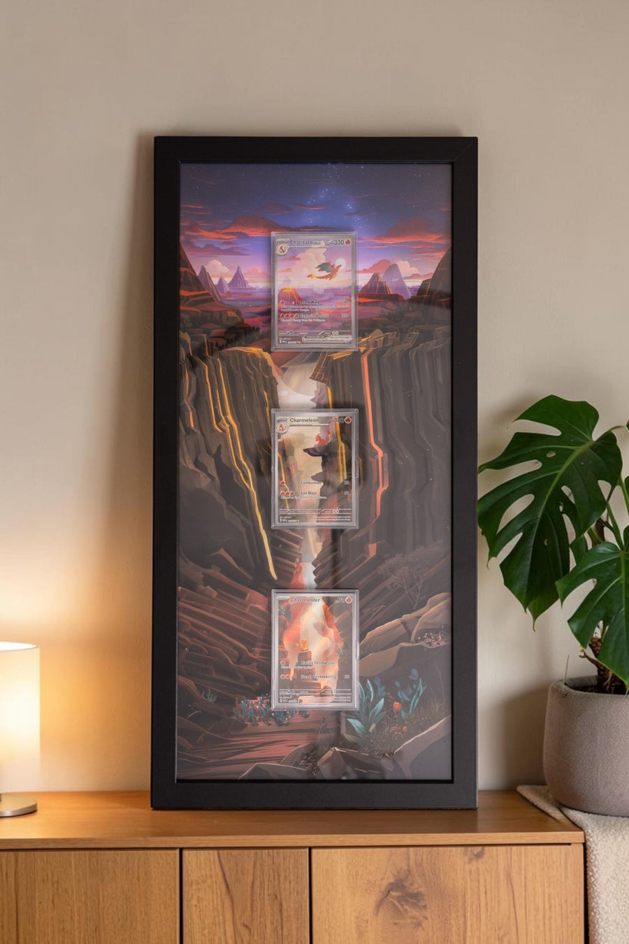 Pokemon 151 Charizard Evolution extended art frame by Gem Mint Gallery — Charmander, Charmeleon and Charizard displayed in one tall composite wood frame against continuous extended artwork.